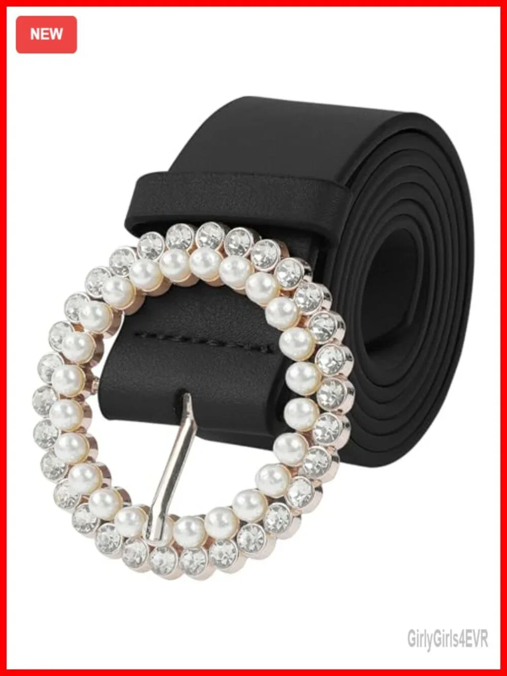 Women's Faux Leather Belt with Rhinestone Buckle for Dresses